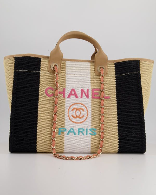 *HOT* Chanel Beige, Black and White Raffia Deauville Tote Bag with Pastel Logo and Champagne Gold Hardware
