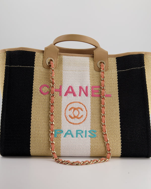 *HOT* Chanel Beige, Black and White Raffia Deauville Tote Bag with Pastel Logo and Champagne Gold Hardware