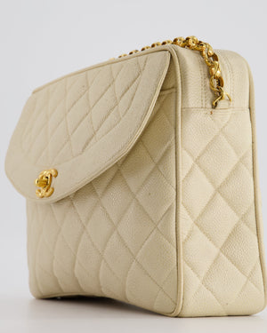 Chanel Vintage Beige Camera Flap Bag in Caviar Leather with Gold Hardware