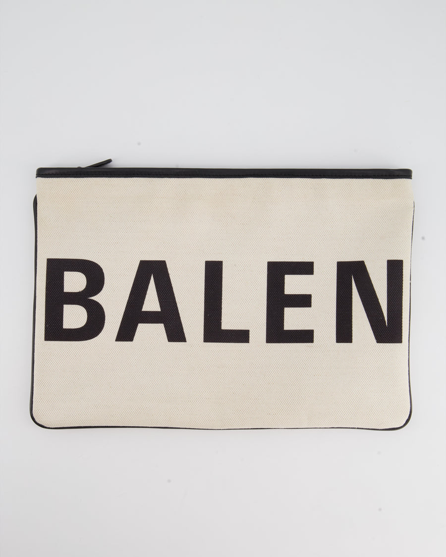 Balenciaga Cream and Black Logo Pochette Bag in Canvas with Silver Hardware