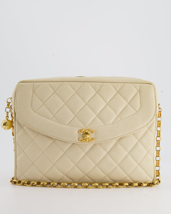 Chanel Vintage Beige Camera Flap Bag in Caviar Leather with Gold Hardware