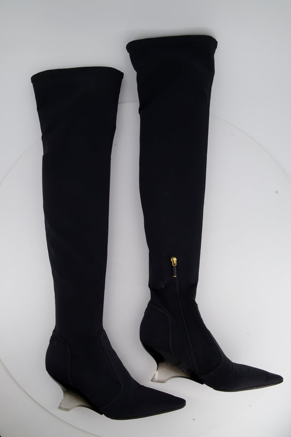 Christian Dior Navy Over-the-Knee Canvas Boots with PVC Heel Detail Size EU 39.5