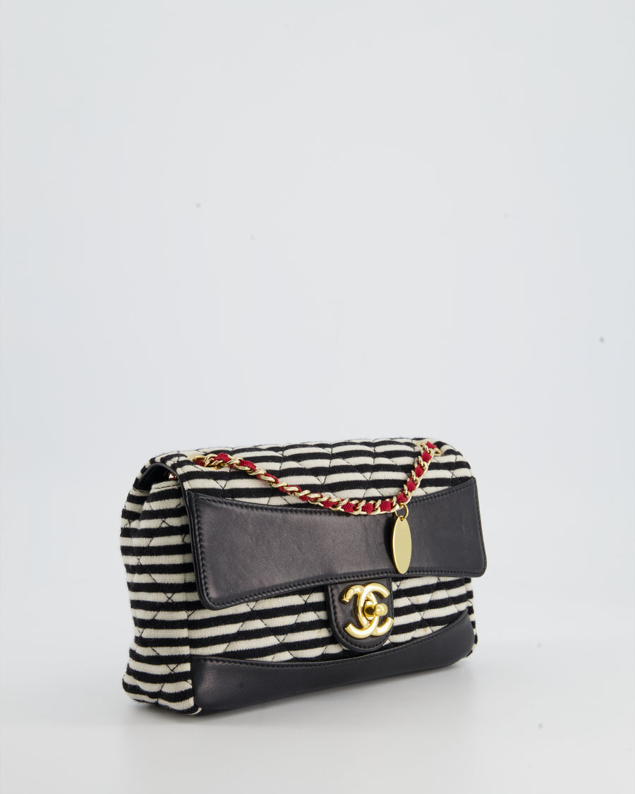 Chanel Black and White Mini Rectangular Jersey Single Flap Bag with Red Chain Detail and Gold Hardware