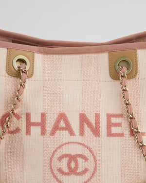Chanel Small Pink Stripe Canvas Deauville Tote Bag with Logo Print and Champagne Gold Hardware