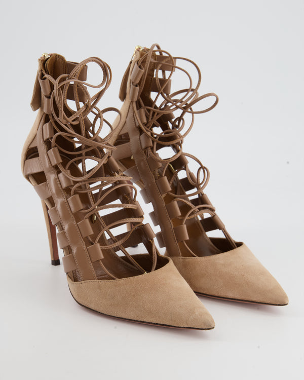 *FIRE PRICE* Aquazzura Beige Leather and Suede Lace Up Pointed Toe Heels Size EU 38