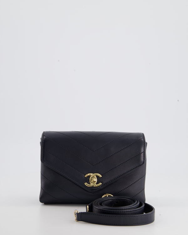 Chanel Midnight Blue Leather Chevron Stitched Belt Bag with Gold Hardware
