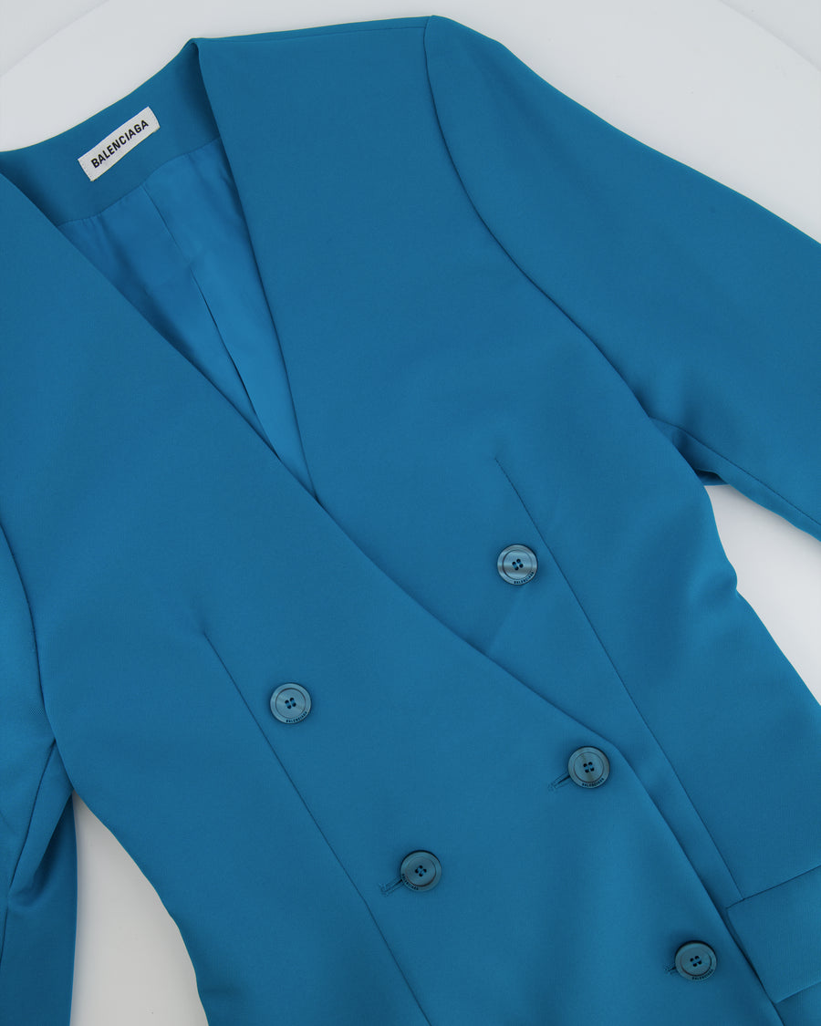 Balenciaga Fall 2019 Teal Blue Blazer Dress with Logo Buttons Size FR 36 (UK 8) RRP £1,650