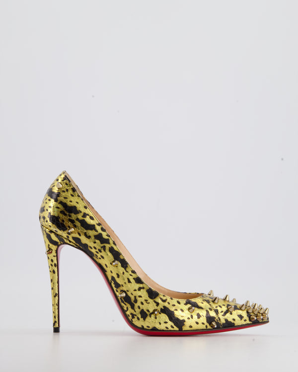 Christian Louboutin Gold and Black Leopard Print Pointed High Heel with Gold Spike Size EU 38.5