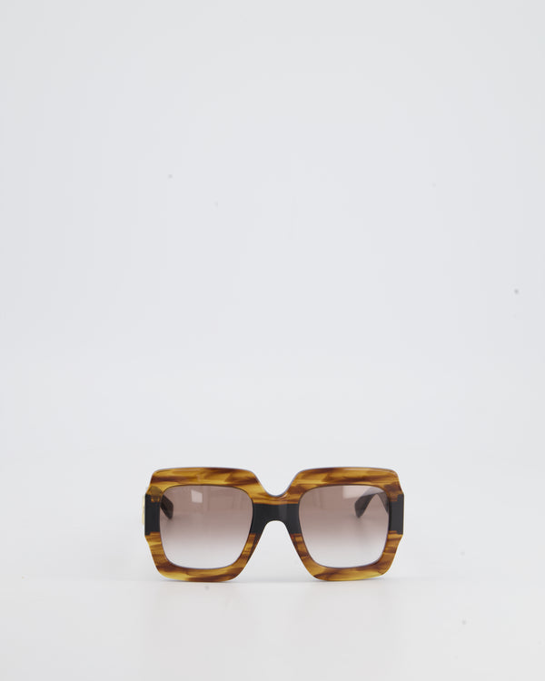Gucci Brown Tortoise Shell Square Frame Sunglasses with Gold GG Logo