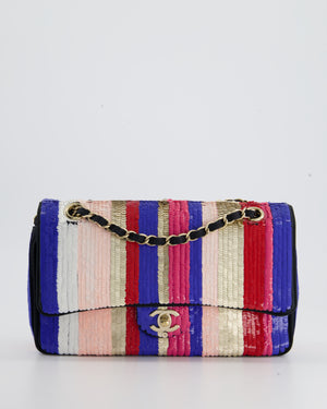 Chanel Multi-Colour Sequin Stripe Medium Double Flap Bag with Champagne Gold Hardware