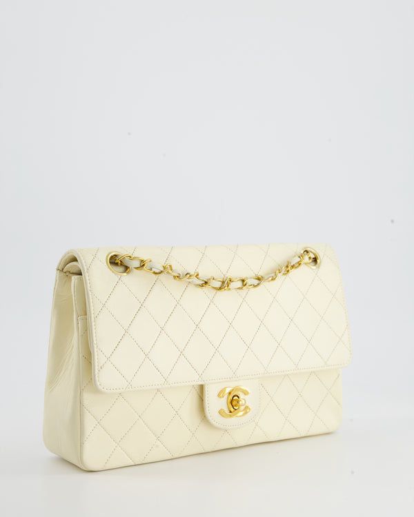 Chanel Vintage Cream Medium Double Flap Stitched Edge Bag in Lambskin Leather with 24K Gold Hardware