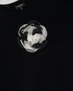 Chanel Black Puff-Sleeve Top with Crystal Cameila Flower Detail Size FR 36 (UK 8)