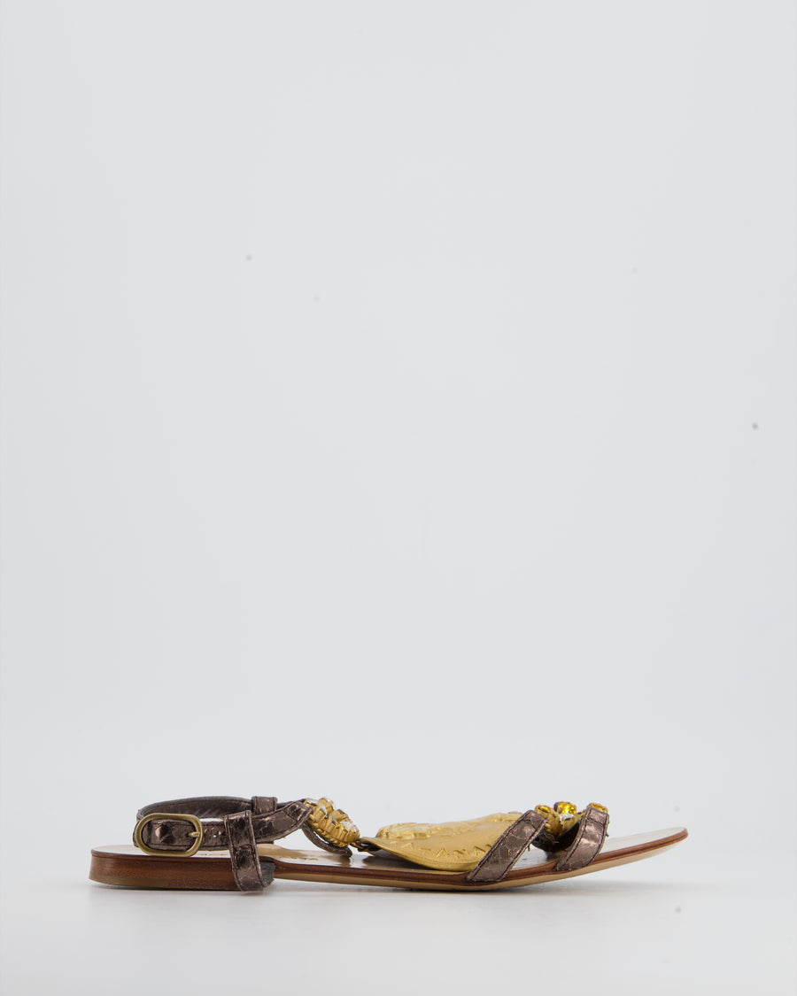 Dolce & Gabbana Gold Yellow Crystal Flat Sandal with Gold Coin Motif Detail Size EU 36