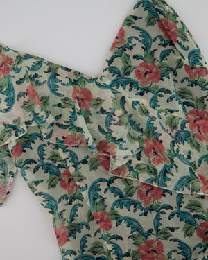 Raquel Diniz Metallic Green, Pink Floral Silk Ruffled Strap Midi Dress Size IT 38 (UK 6)