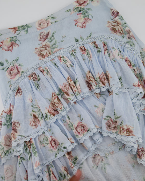 LoveShackFancy Blue Floral Ruffled Midi Skirt Size UK 6