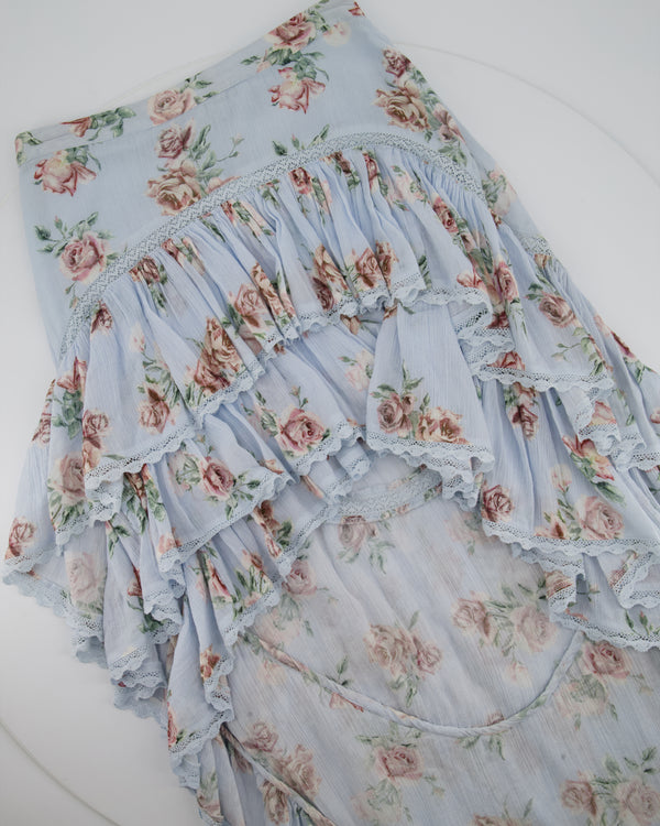 LoveShackFancy Blue Floral Ruffled Midi Skirt Size UK 6
