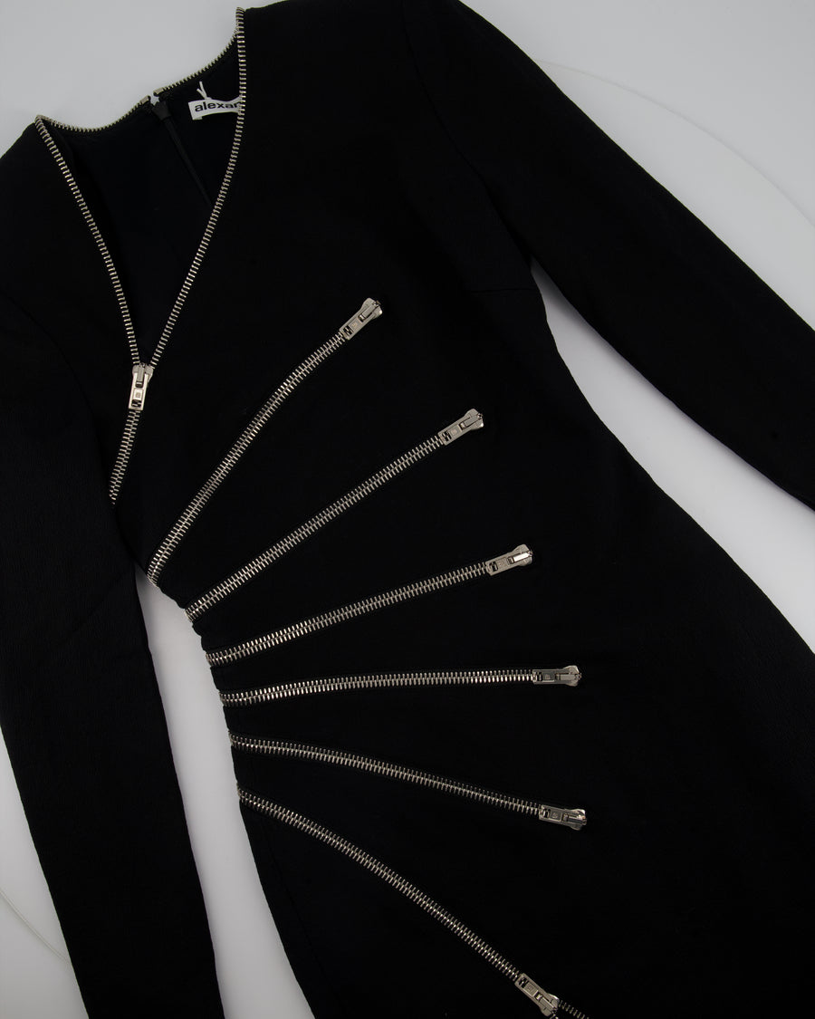Alexander Wang Black Long-Sleeve Mini Dress with Silver Zip Detail Size US 0 (UK 4)