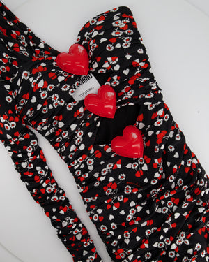 Moschino Black, Red Floral Print Heart-Appliqué One-Shoulder Dress UK 6