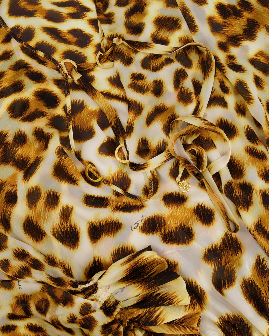 Roberto Cavalli Cream and Brown Leopard Silk Maxi Dress Size IT 40 (UK 8)