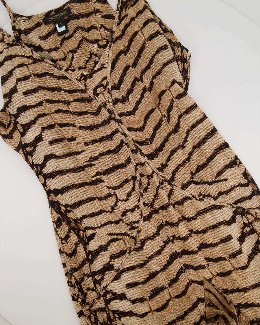 Roberto Cavalli Beige Snakeskin Printed Silk Maxi Dress Size L (UK 12)