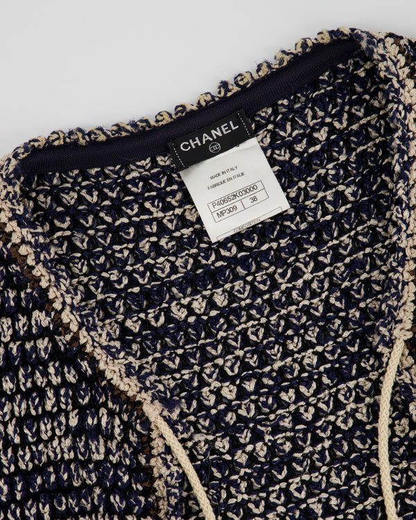 Chanel Navy, White and Brow Tweed Cardigan with Chain Neck Tie and CC Buttons Detail FR 38 (UK 10)