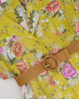 Zimmermann Yellow, Pink Floral Linen Dress with Raffia Belt Size 0 (UK 8)