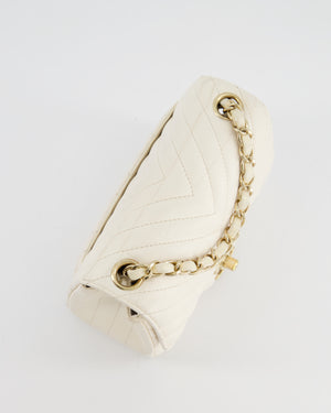 Chanel White Mini Square Bag in Chevron Lambskin Leather with Champagne Gold Hardware