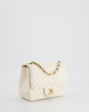Chanel White Mini Square Bag in Chevron Lambskin Leather with Champagne Gold Hardware