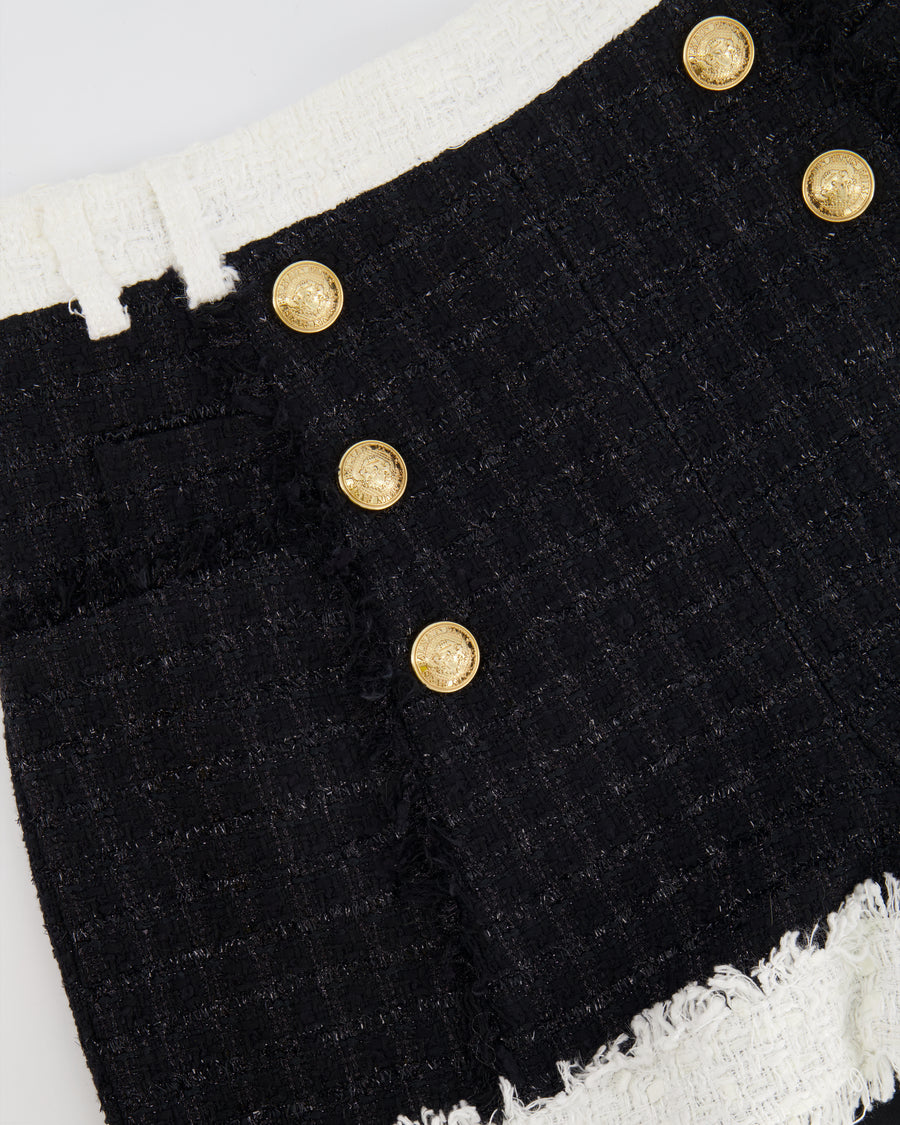 Balmain Black and White Tweed High-waisted Shorts with Gold Button Details Size FR 36 (UK 8)