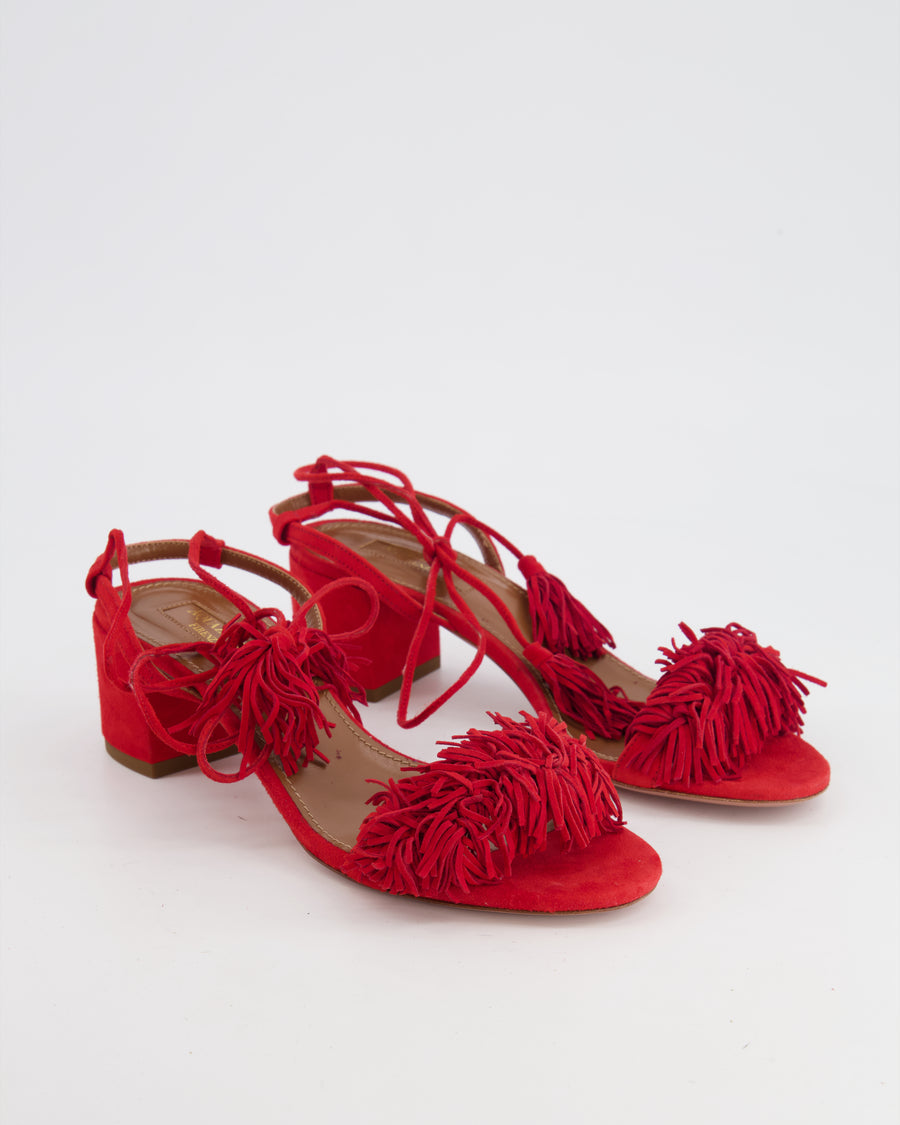 Aquazzura Red Suede Tassel Lace-up Sandals Size EU 36.5