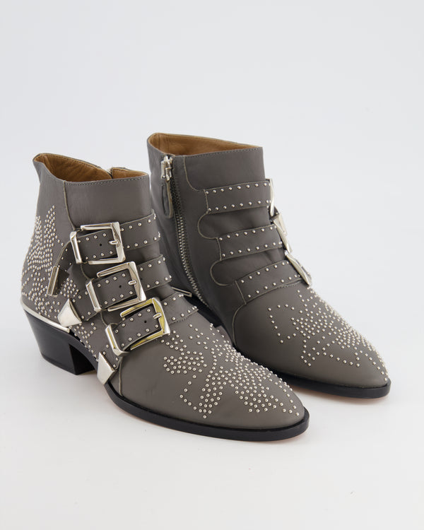 Chloé Grey Leather Susanna Silver Studded Boots Size EU 35.5 RRP £950
