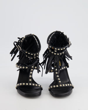 Saint Laurent Black Leather Studded Sandal Heel with Tassels Size EU 36