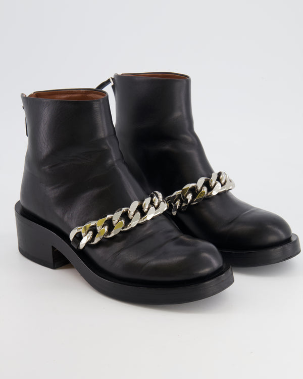 Givenchy Black Leather Flat Boots with Silver Chain Detail Size EU 36.5