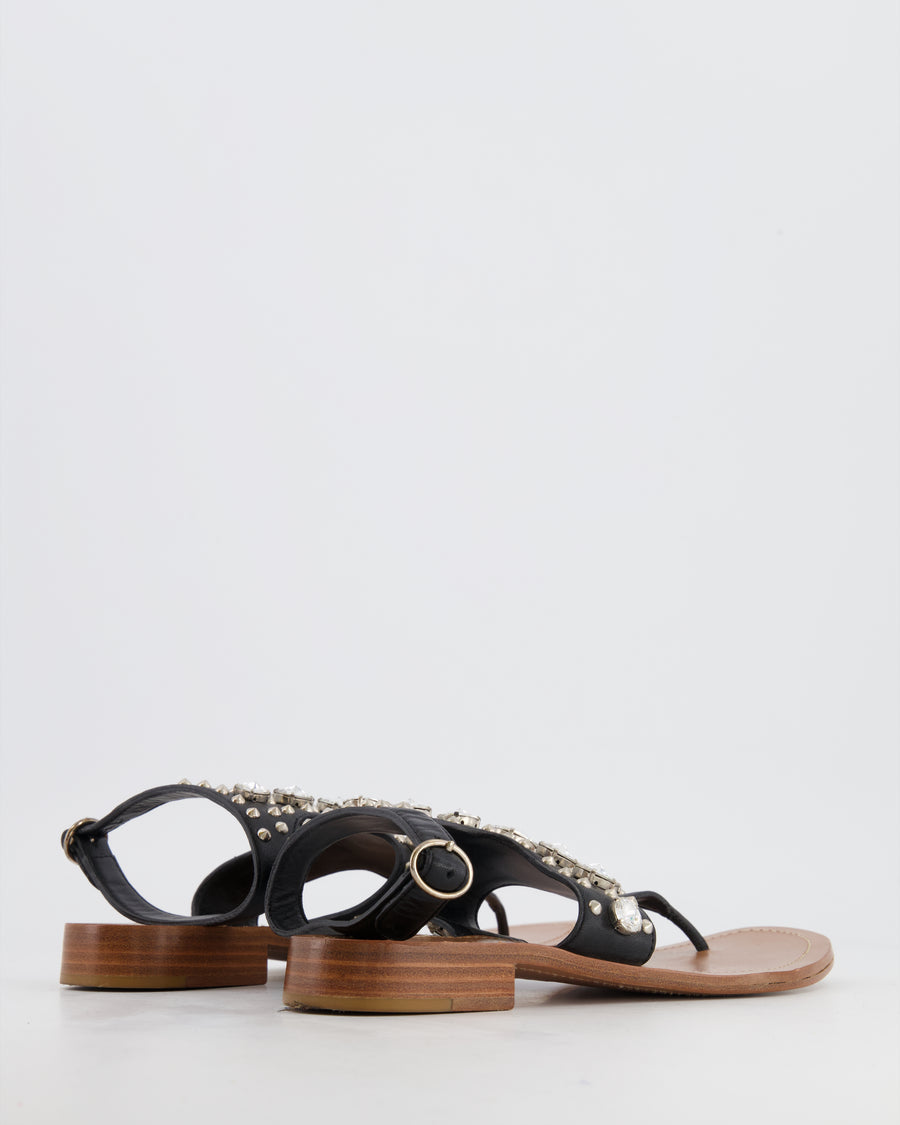 Prada Black Leather Sandal with Crystal and Stud Embellishments Size EU 36.5