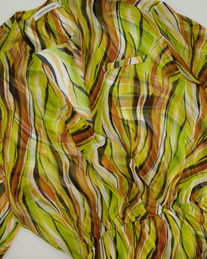 Christopher Esber Green, Brown Orange Sheer Printed Silk Shirt Dress Size UK 10