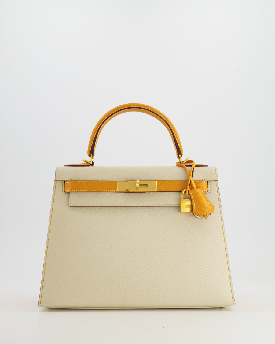 *HOT* Hermès Kelly HSS Sellier 28cm Bag in Craie and Abricot Epsom Leather with Brushed Gold Hardware