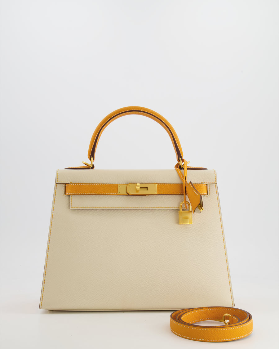 *HOT* Hermès Kelly HSS Sellier 28cm Bag in Craie and Abricot Epsom Leather with Brushed Gold Hardware