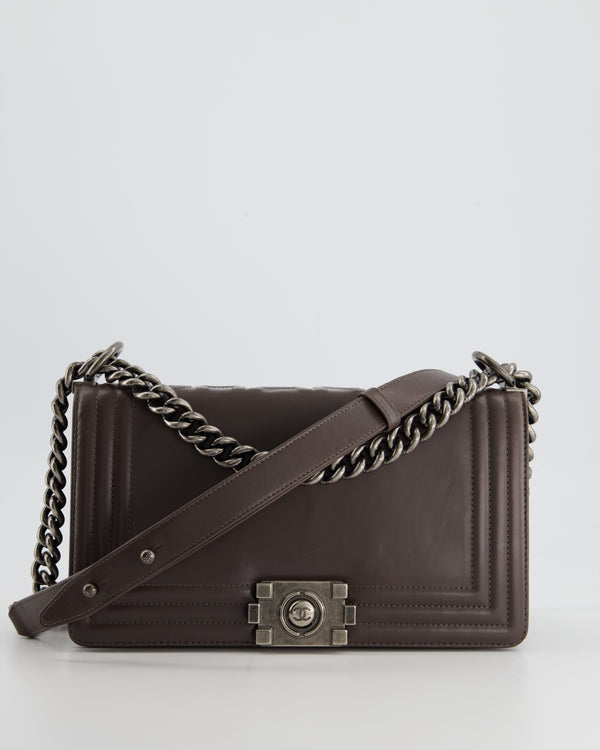 Chanel Chocolate Brown Smooth Calfskin Leather Boy Bag with Stitched Chanel Logo Detail and Gunmetal Hardware