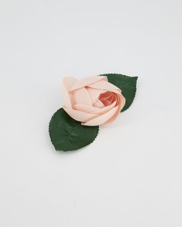 Chanel Pink Silk Rose Brooch with Leaf Details