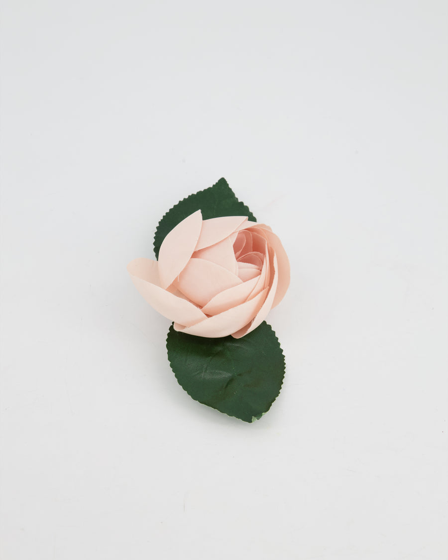 Chanel Pink Silk Rose Brooch with Leaf Details