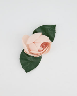 Chanel Pink Silk Rose Brooch with Leaf Details