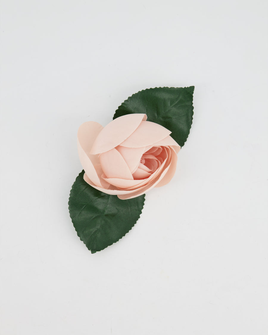 Chanel Pink Silk Rose Brooch with Leaf Details
