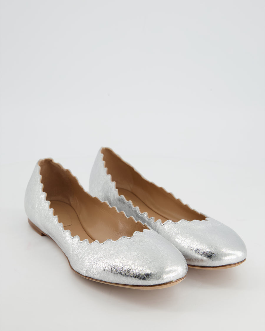 Chloe Foiled Silver Ballet Flats with Wave Detailing Size 41