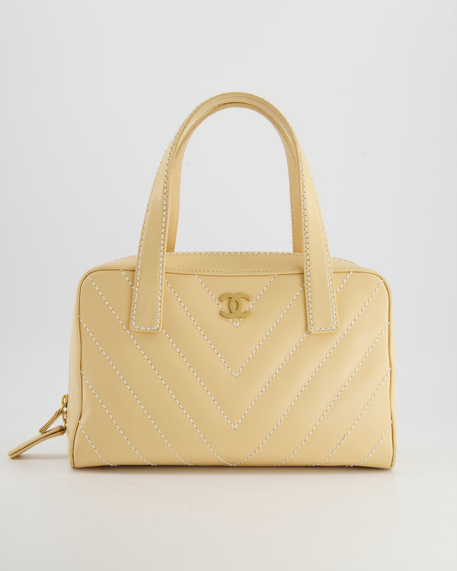 Chanel Pastel Yellow Bowling Bag in Calfskin Leather with Brushed