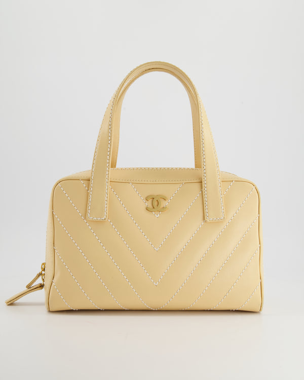 Chanel Pastel Yellow Bowling Bag in Calfskin Leather with Brushed Gold Hardware