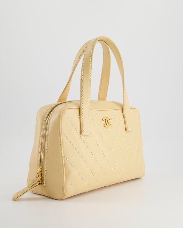 Chanel Pastel Yellow Bowling Bag in Calfskin Leather with Brushed Gold Hardware