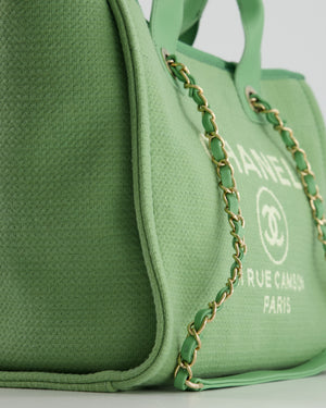 *HOT* Chanel Pistachio Green Canvas Small Deauville Tote Bag with Champagne Gold Hardware