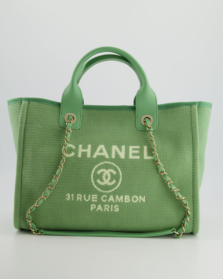 *HOT* Chanel Pistachio Green Canvas Small Deauville Tote Bag with Champagne Gold Hardware