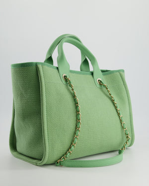 *HOT* Chanel Pistachio Green Canvas Small Deauville Tote Bag with Champagne Gold Hardware
