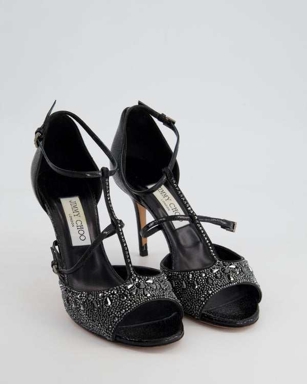 Jimmy Choo Black Pebble Patent Leather Heels with Crystal Details Size EU 39